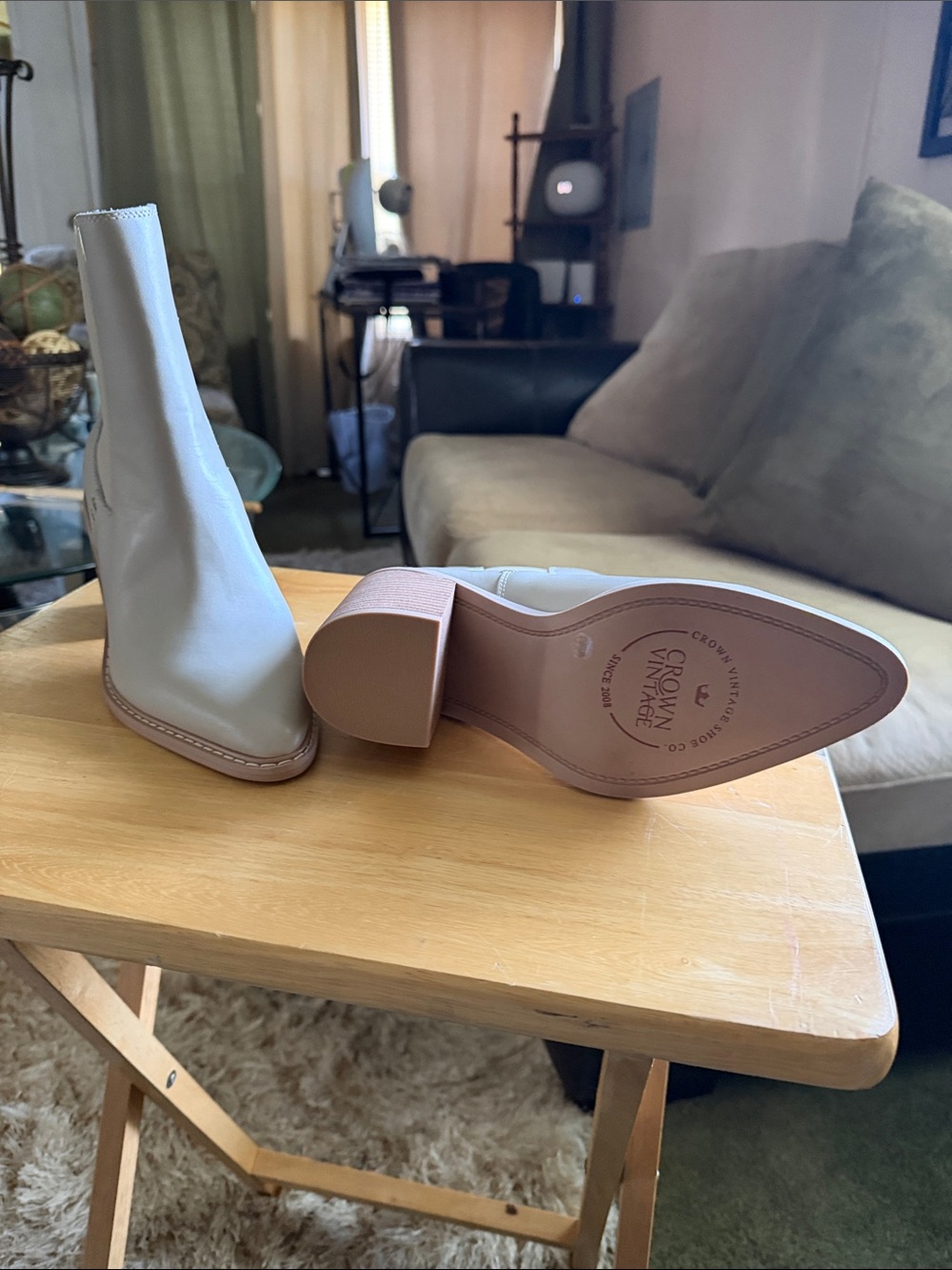 Crown Vintage Cream Leather Ankle Booties with Block Heel